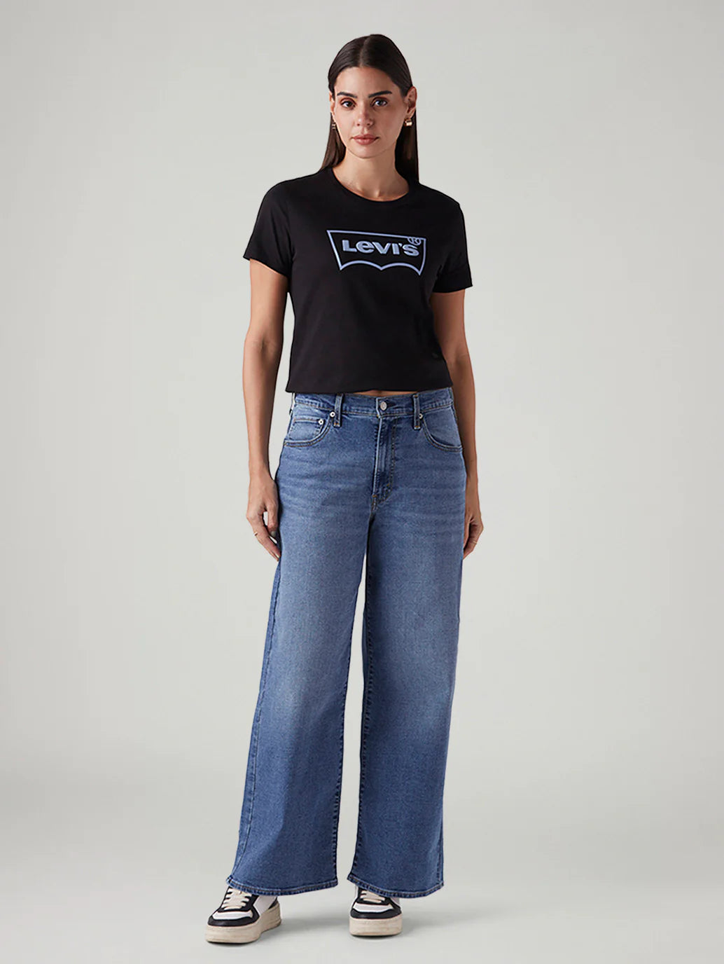 Women's Blue Wide Leg Fit Mid Rise Cinched Jeans