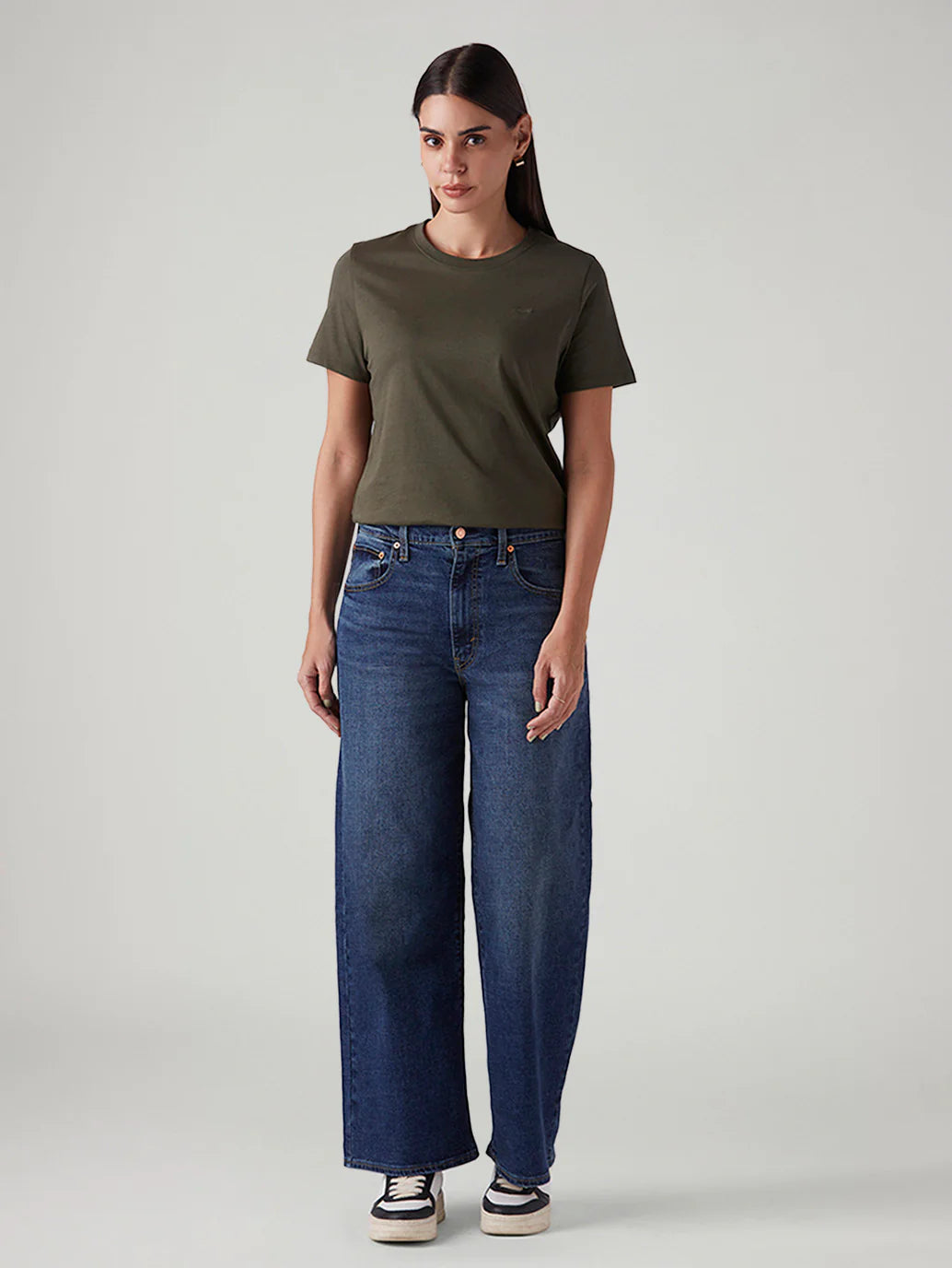 Women's Blue Wide Leg Fit Mid Rise Cinched Jeans