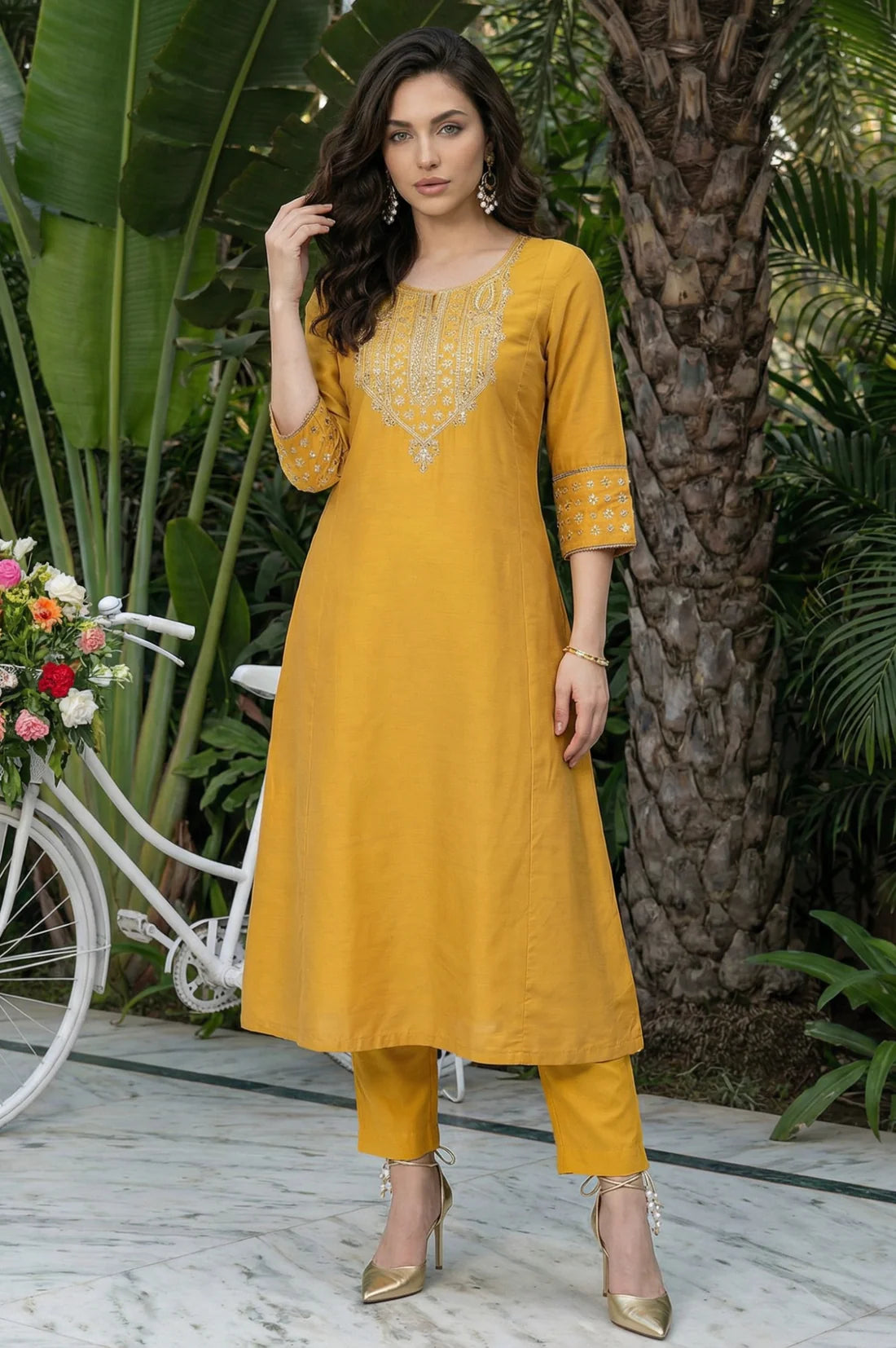 Mustard Embroidered A-Line Rayon Kurta