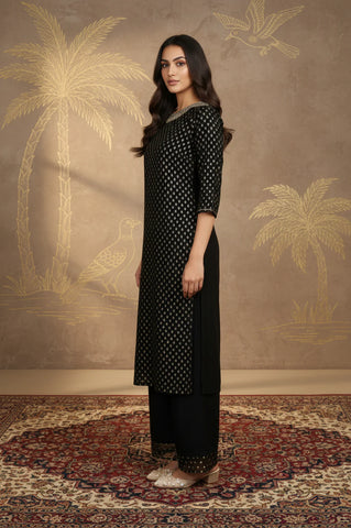 Black Glitter Printed Rayon Straight Kurta with Embroidered Neck